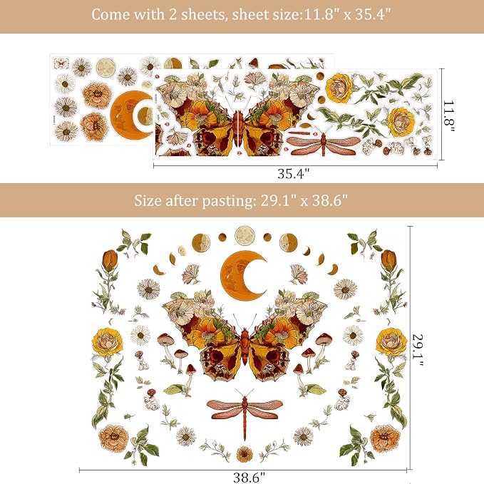 Vintage Moth Moon Phase Mushroom Floral Flower Boho Wall Decals Decor Art | Vintage boho earth tone wildflowers peel and stick removable vinyl wall stickers for living room bedroom office - Image 2