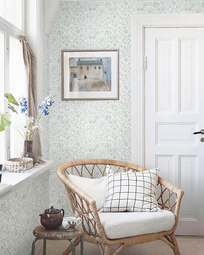 Dimoon Boho Peel and Stick Wallpaper Soft Sage Green Contact Paper French Floral Wall Paper 362''x17.3'' Textured Self Adhesive Watercolor Damask Stick On Wallpaper for Bedroom Bathroom Decor Vinyl - Image 8