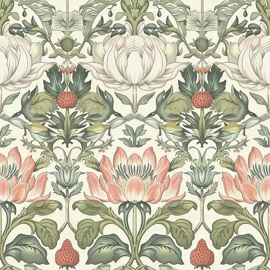 Vintage Wallpaper William Morris Botanical Peel and Stick Wallpaper | Symmetrical antique floral wildlife vinyl wall covering, removable & waterproof, for cottage living room interior decoration. by Unknown