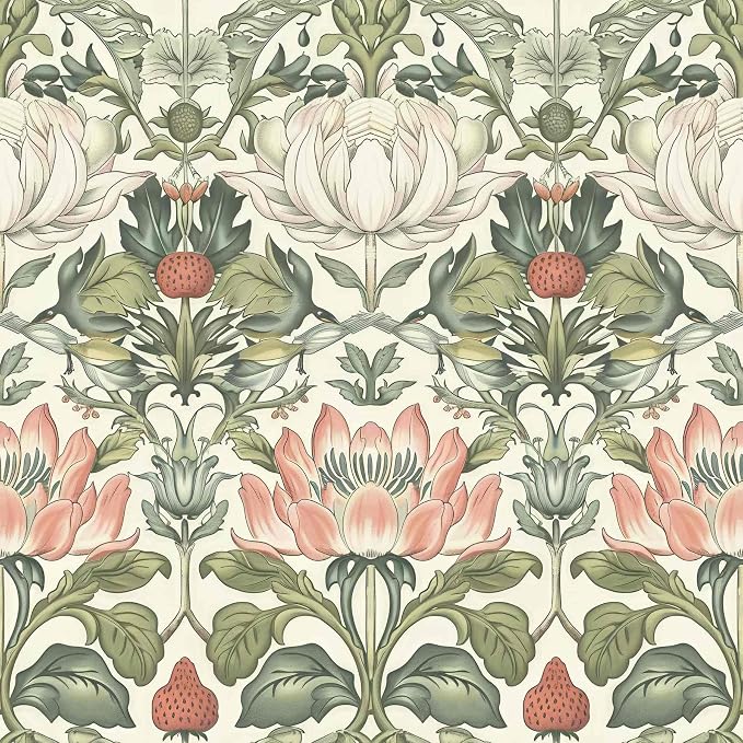 Vintage Wallpaper William Morris Botanical Peel and Stick Wallpaper | Symmetrical antique floral wildlife vinyl wall covering, removable & waterproof, for cottage living room interior decoration. by Unknown