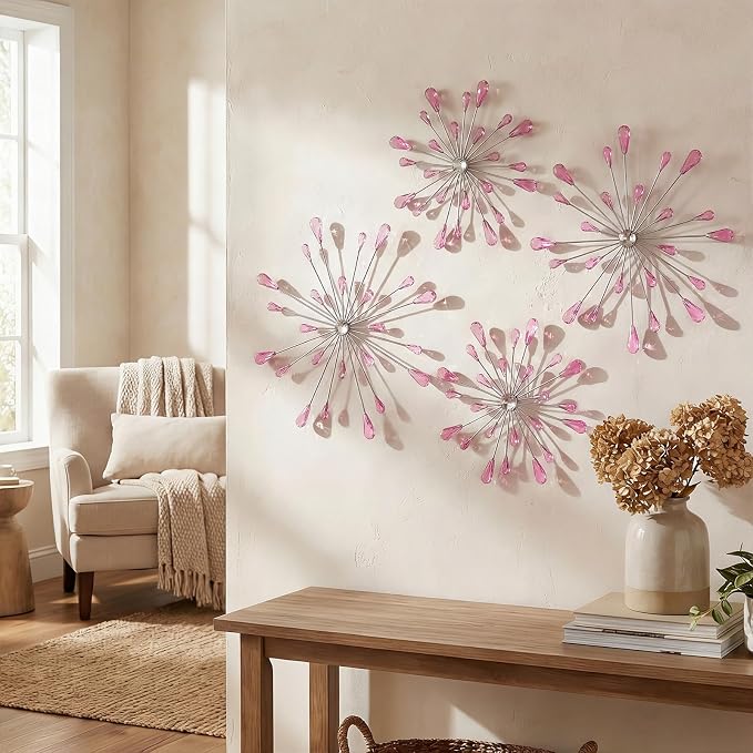 ZEXUIRU 4 Set Silver Starburst Wall Art for Home Decor Metal Bling Crystal Rhinestones Sunburst Wall Decor Sparkling Rhinestone Art Accent -Pink 13in/11.8in/9.8in/9.8in by ZEXUIRU