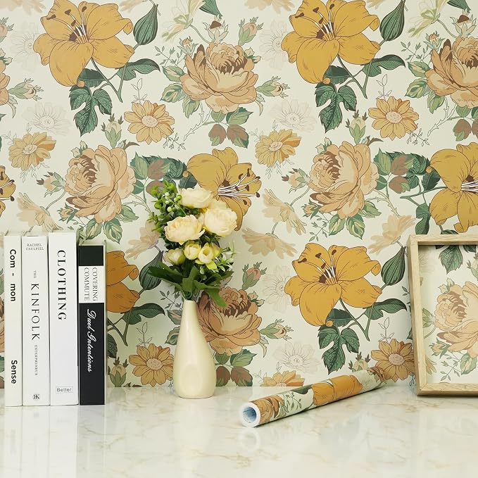 Hopepak Yellow Floral Peel and Stick Wallpaper Modern Flower Contact Paper 16.1'' x 118'' Self Adhesive Removable Waterproof Wall Paper for Bedroom Cabinets Living Room Decor - Image 3