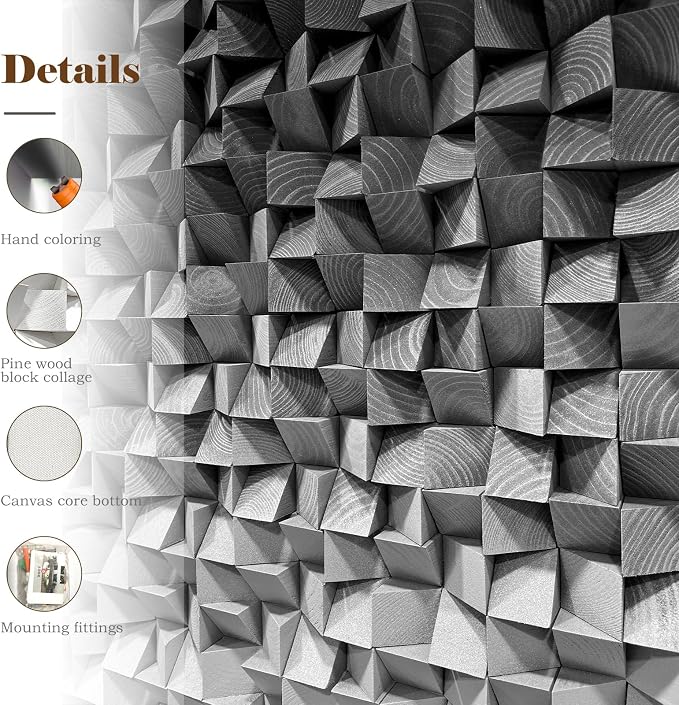 LIUZEYUE Faceted Monochrome Mosaic, Modern Wood Wall Sculpture | large office wall decor; graphite gray gradient, organic wood grain; executive office statement wall; 27.6 x 55.1 in - Image 3