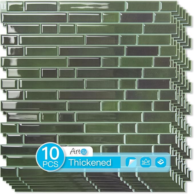 Art3d Linear Design Tile Peel and Stick Backsplash, 10-Sheet, Dark Green | 12 x 12 Inch, Enhanced Thickness, Warp Resistant, Strong Adhesion, Sturdy, for Kitchen, Bedroom, Ideal for Home Improvement by Art3d
