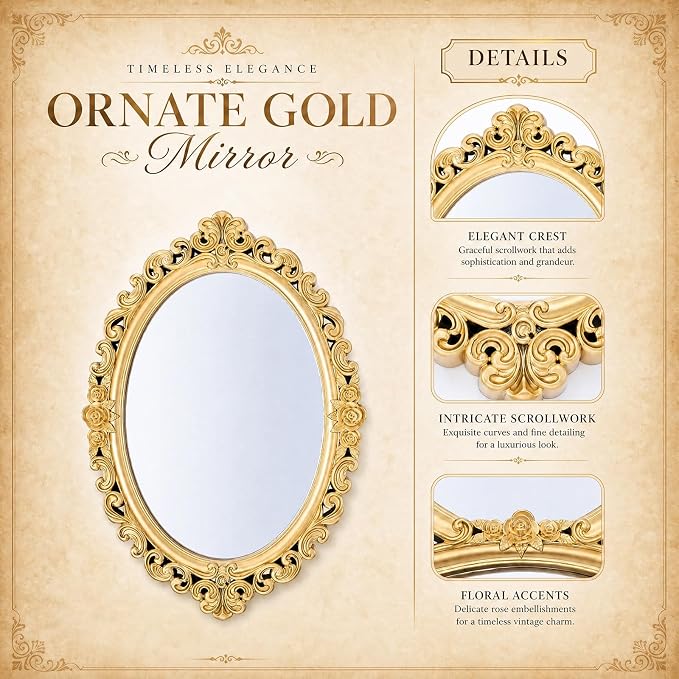 Beeveer 2 Style Vintage Mirrors Set Decorative Oval Wall Mirror Small Antique Mirrored Tray Decorative Hanging Mirror for Bathroom Bedroom Jewelry Organizer Victorian Decor (Square,Gold) - Image 3