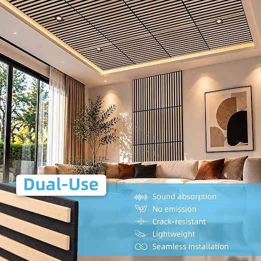 Art3d 12-Pack Acoustic Slat Panel & Ceiling Tile, 2 x 2 ft, Natural Oak | Crack-Resistant, Scratch-Resistant, Eco-Friendly, Durable, Grid Compatible, Ideal for Living Room, Bedroom & Home DIY Upgrade - Image 5