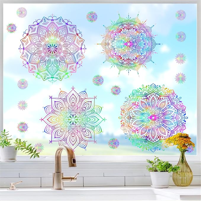 Colorful Mandala Wall Decal Half Mandala Window Wall Stickers Lotus Flower Decals Peel and Stick Modern Art Stickers Removable Minimalist Headboard Decals for Bedroom Living Room Decor - Image 7
