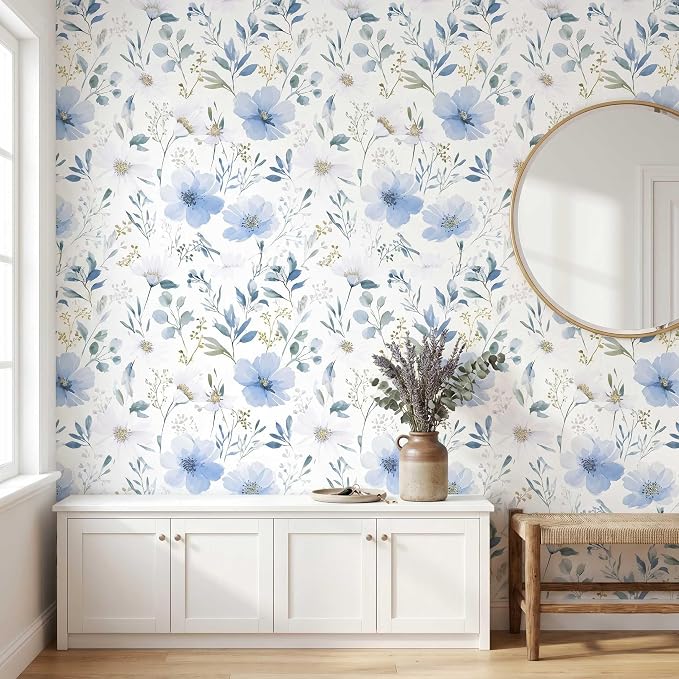 Light Blue Floral Peel and Stick Wallpaper, 17.7in x 118in | Self-adhesive and removable watercolor flower design for bedroom, living room, and accent wall - Image 6