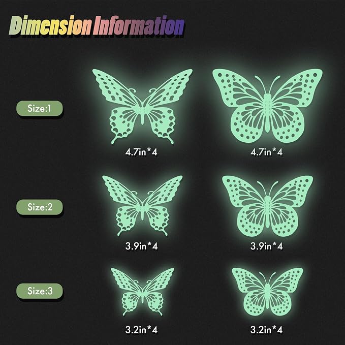 SAOROPEB Glow in The Dark 3D Butterfly 24 Pcs 3 Sizes, Luminous Butterfly Stickers for Ceiling or Wall, Glow in The Dark Party Supplies, Removable Luminous Stickers for Kids Babys Nursery (Green) | 3 Sizes, Luminous Butterfly Stickers for Ceiling Wall,... - Image 7