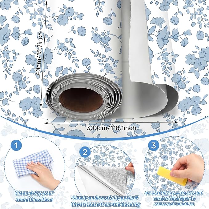 Drydiet Blue Floral Wallpaper Peel Stick Contact Paper 15.8 x 118.1 | Self Adhesive, Blue Floral Design, Easy Apply Remove, Wall Sticker for Home Locker Dorm Classroom Living Room Decor - Image 2