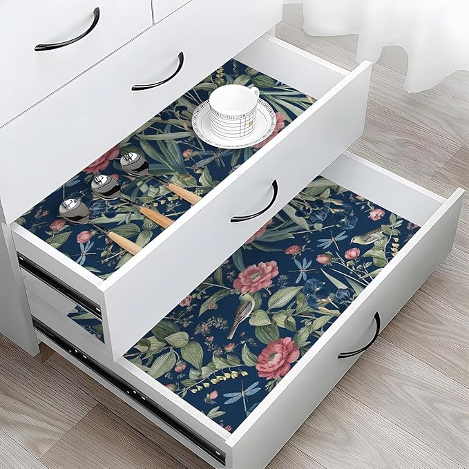 Navy Bird and Floral Peel and Stick Wallpaper Vintage 17in x 118in | Flower Contact Paper Vintage Floral Wallpaper Boho Self Adhesive Waterproof Wall Paper Botanical Removable Decorative Vinyl - Image 2