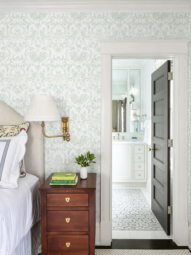 Peel and Stick Wallpaper for Bedroom Sage Green Damask Self-Adhesive | 78.7"×17.3" White & Sage Green Vintage Scroll Removable Waterproof Vinyl Wall Decor for Bathroom, Nursery - Image 4
