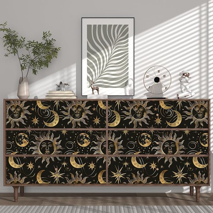 Laatse Celestial Sun Moon Wallpaper Peel and Stick 17.5"x 393",Black/Golden | Self Adhesive/Removable/Waterproof/Thick Vinyl Contact Paper for Bathroom Bedroom Shelf Cabinet Drawer,Prepasted,Easy Peel - Image 4