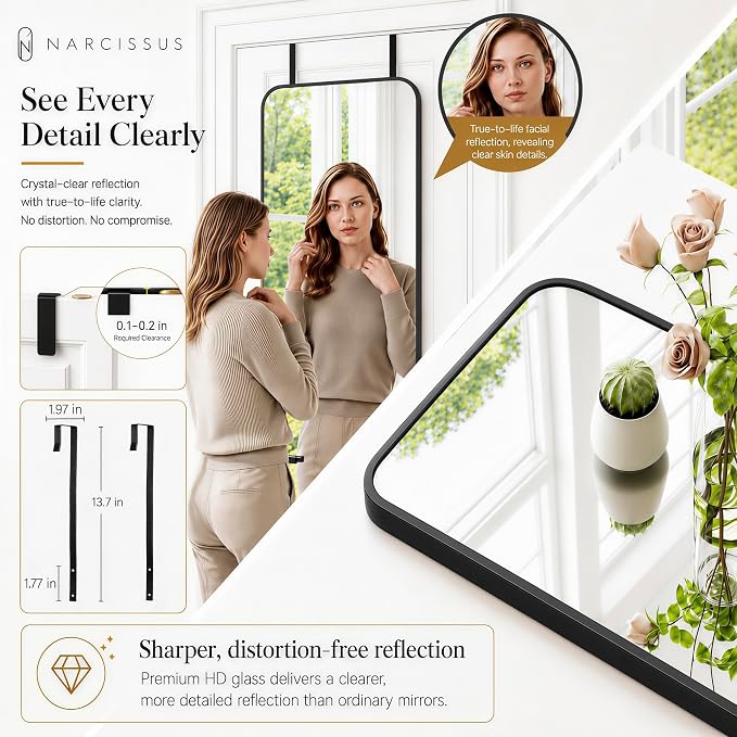 NARCISSUS Full Length Mirror 57x20 Inch, Over The Door Mirror with Stand, Wall Mounted or Freestanding/Door Hanging Full Body, Aluminum Alloy Frame, Black - Image 8
