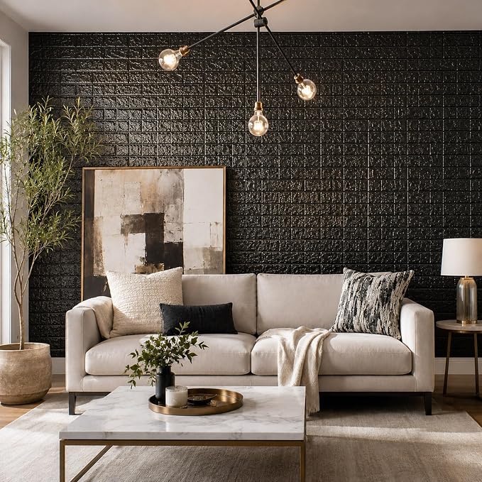 3D Wall Panels Peel and Stick Faux Foam Brick Wallpaper Covering | Black 40 PCS 11.8"×11.8" Self Adhesive Stone Wall Tiles for DIY Interior Wall Decor - Image 4