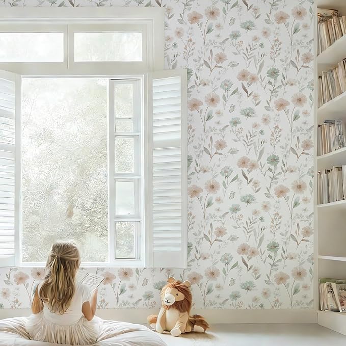 Ismoon Floral Peel and Stick Wallpaper Boho Wallpaper 17.3in x 16.4ft Pink and Green Contact Paper Watercolor Flower Removable Wall Paper for Bedroom Nursery Kitchen Girls Room Vinyl - Image 5