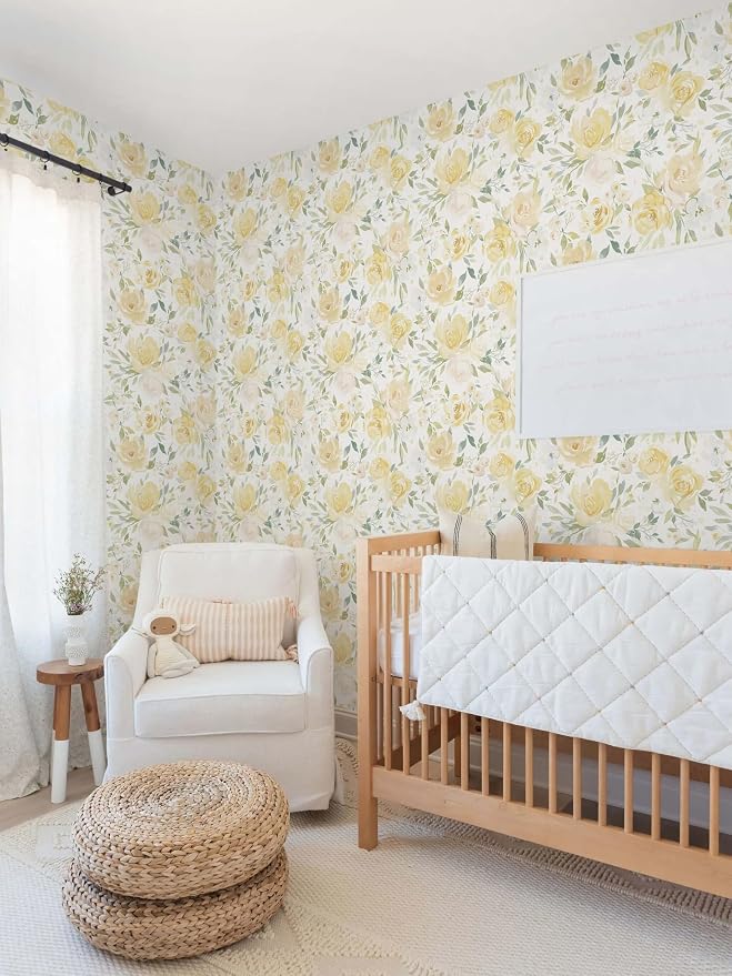 Ismoon Yellow Floral Peel Stick Wallpaper Boho Stick on Wallpaper | Watercolor Contact Paper for Cabinet Removable Self Adhesive Vinyl Wallpaper for Girl Bedroom Accent Wall Decor 17.3x196in - Image 9