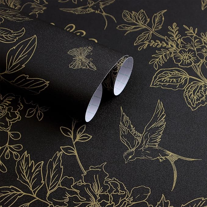 Froluya Black Gold Floral Wallpaper Peel and Stick Wallpaper 17.7in×590.5in | Dark Floral Contact Paper Peel and Stick Vintage Boho Birds Removable Self Adhesive Wallpaper for Bathroom Cabinets Vinyl by Froluya