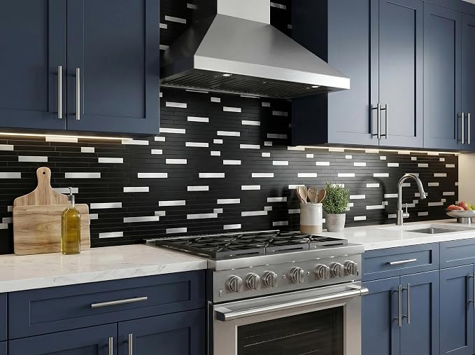 Yipscazo 10 Sheets Peel and Stick Stone Metal Tile Backsplash, Stick on Tiles for Backsplash Kitchen, Bathroom, Laundry Room, Camper, Fireplace (12'' X 12'', Polished Pure Black) - Image 4