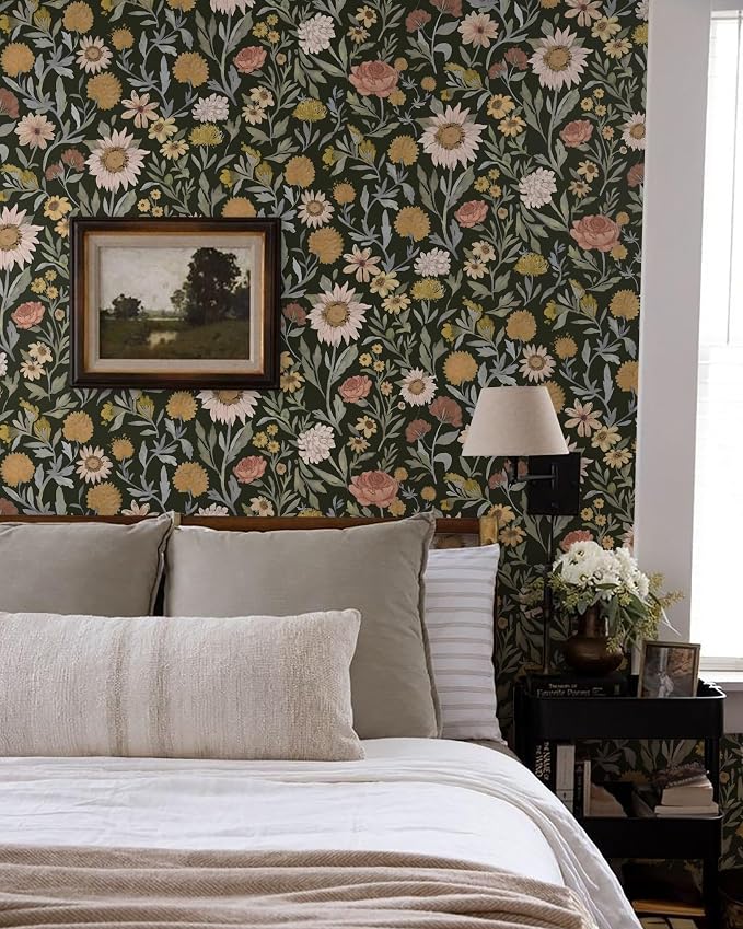 Dimoon Vintage Peel and Stick Wallpaper Boho Dark Floral Contact Paper 17.3''x197'' Retro Rustic Pink Removable Wall Paper Renter Friendly Texture Black Wallpaper for Bedroom Bathroom Cabinets Vinyl - Image 4