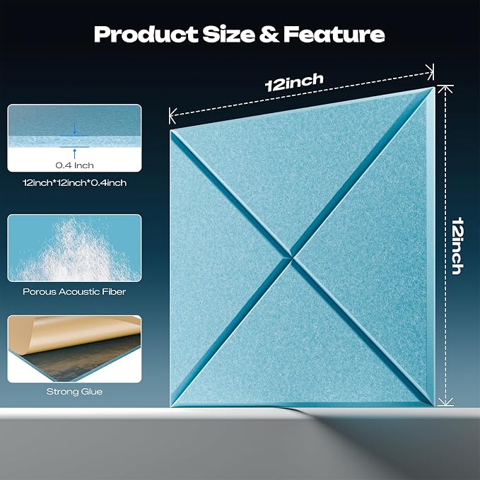 Sonicism 12 Pack X-Lined Acoustic Panels with Self-Adhesive, 12"X 12"X 0.4" Sound Proof Foam Panels, Decorative Soundproof Wall Panels, Sound Absorbing Tile for Home & Offices, Light Blue - Image 2