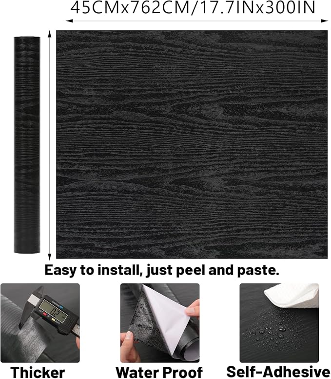 Peel and Stick Wallpaper Black Wood Wall Paper - 17.5 x 300 Inch Self Adhesive Wallpaper Peel and Stick, Easy to Paste Wall Contact Paper for Stand Liner, Table and Door Makeover Decor - Image 2