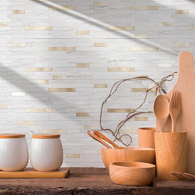StyloVue 20 Sheets Peel and Stick Backsplash for Kitchen, Pearl White Sandstone with Metal Gold Look Stick on Tile Upgrade Your Kitchen Backsplash, RV, Fireplace - Image 7