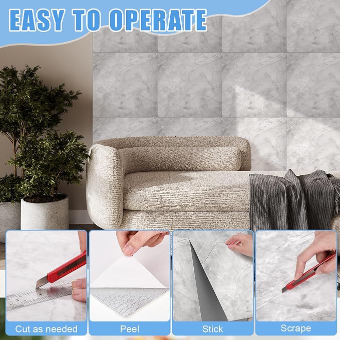 Nuanchu 72 Pcs Peel and Stick Shower Waterproof Tiles Wall Panels 12 x 12 Inch Self Adhesive Backsplash with Ruler Knife & 2 Scrapers for Washroom Bathroom Living Room, Not Real Tile (Grey Marble) - Image 4