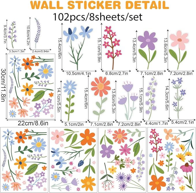 Wildflower Wall Stickers, Colorful Flowers Wall Stickers Peel and Stick, Boho Floral Wall Decals with Wildflower, 8 Sheets of 102 Pieces,Wall Art Decor for Bedroom Nursery Living Room (Wildflower3) - Image 6