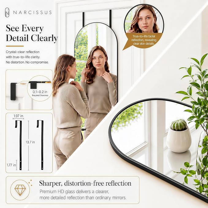 NARCISSUS Full Length Mirror 57x20 Inch, Over The Door Mirror with Stand, Wall Mounted or Freestanding/Door Hanging Full Body, Aluminum Alloy Frame, Black - Image 8