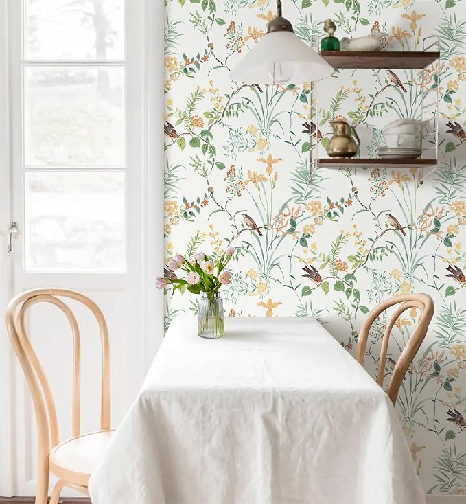Erfoni Colorful Floral Birds Wallpaper Boho Floral Peel and Stick Wallpaper | 16.9" x118" DIY Self Adhesive Contact Paper Removable Wallpaper for Bedroom Cabinet Decor Modern Flower Leaf Vinyl Roll - Image 2