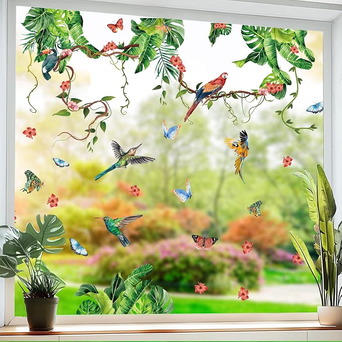 Tropical Green Leaves Window Decals Summer Hanging Vines Stickers for Glass | Anti collision for bird collision, double-sided, reusable,removable, peel and stick, for living room kitchen bathroom door - Image 5