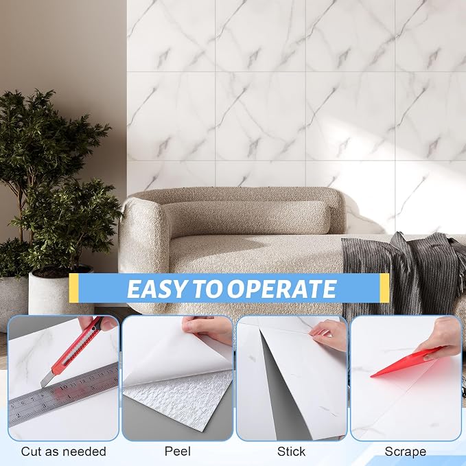 Nuanchu 36 Pcs Peel and Stick Shower Waterproof Tiles Wall Panels 12 x 12 Inch Self Adhesive Backsplash with Ruler Knife & 2 Scrapers for Washroom Bathroom Living Room, Not Real Tile (Carrara White) - Image 4