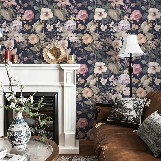 Jeweluck Vintage Floral Peel and Stick Wallpaper Floral Contact Paper 16.9" x 118.1" Dark Flower Wallpaper Peel and Stick Boho Leaf Self Adhesive Removable Wall Paper for Bedroom Decorative Vinyl - Image 2