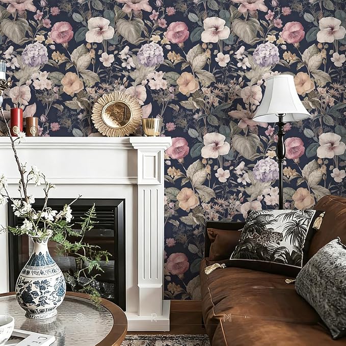 Jeweluck Vintage Floral Peel and Stick Wallpaper Floral Contact Paper 16.9" x 196.8" Dark Flower Wallpaper Peel and Stick Boho Leaf Self Adhesive Removable Wall Paper for Bedroom Decorative Vinyl - Image 2