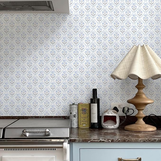 Dimoon Blue Peel and Stick Wallpaper Retro Floral Contact Paper Vintage Boho Cute Wallpaper Renter Friendly Removable Geometric Wall Paper for Bathroom Kitchen Textured Vinyl 17.3''x197'' by DIYYOURMOON