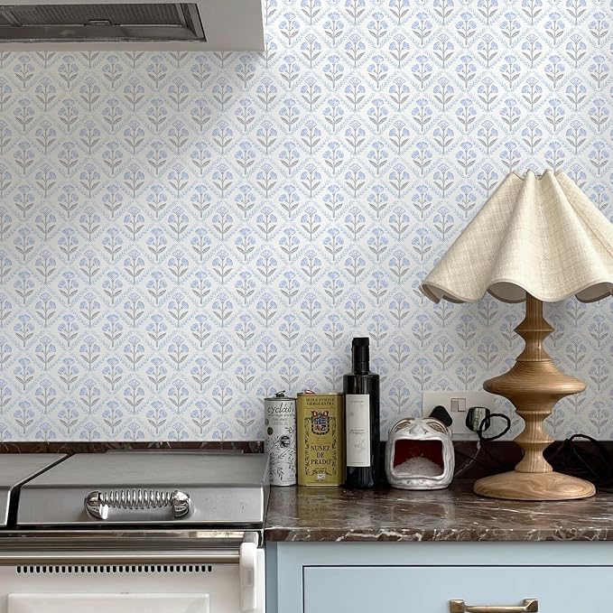 Dimoon Blue Peel and Stick Wallpaper Retro Floral Contact Paper Vintage Boho Cute Wallpaper Renter Friendly Removable Geometric Wall Paper for Bathroom Kitchen Textured Vinyl 17.3''x78.7'' by DIYYOURMOON