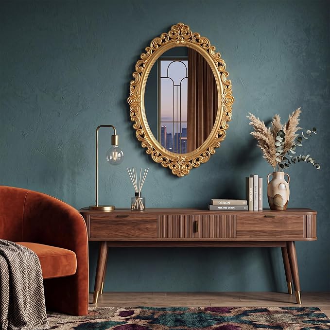 Beeveer 1 Style Vintage Mirrors Set Decorative Oval Wall Mirror Small Antique Mirrored Tray Decorative Hanging Mirror for Bathroom Bedroom Jewelry Organizer Victorian Decor (Oval,Gold) - Image 6