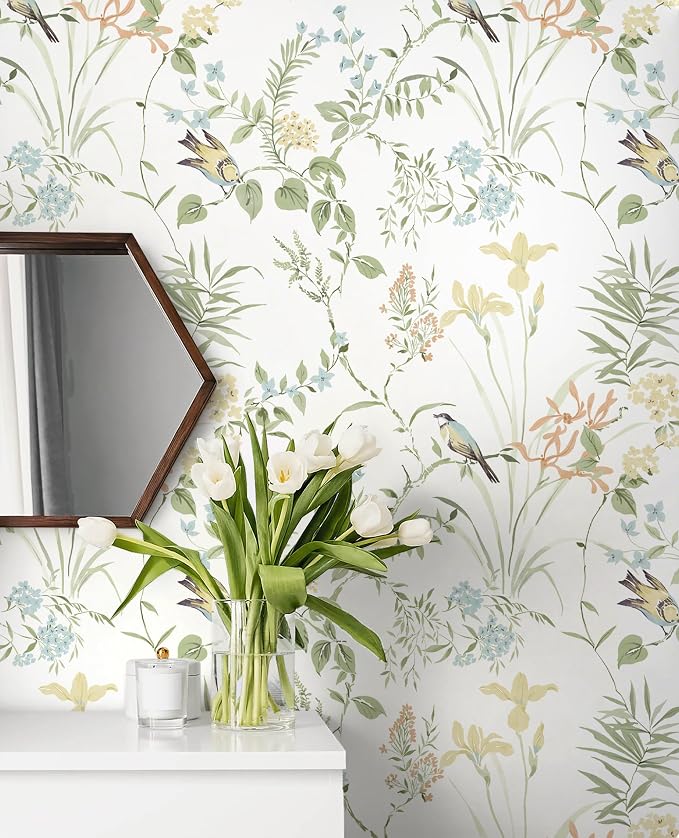 Erfoni Boho Floral Peel and Stick Wallpaper Green Floral Birds Wallpaper | 16.9" x118" DIY Self Adhesive Removable Wallpaper for Livingroom Cabinet Decor Modern Flower Leaf Contact Paper Vinyl Roll - Image 3