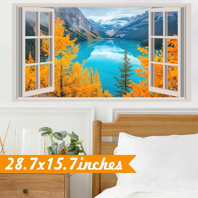 3D Nature Fake Windows Wall Decals Autumn Forest Tree Wall Art Murals Decal Peel and Stick Fall Mountain Lake Sticker Faux Window Landscape Poster Pictures Decals for Bedroom Office Kitchen - Image 8