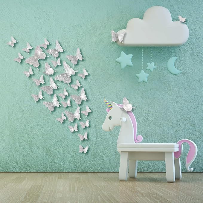 BBTO 48 Pcs 3D Butterfly Mirror Wall Decor,Glitter Silver | Butterfly Stickers,3 Sizes,for Birthday Party Cake,Room Nursery Bathroom Wall Decor,Removable Peel Stick,Reflective - Image 8
