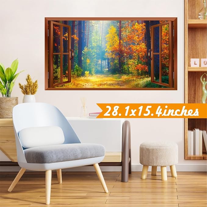 Fall Wall Stickers 3D Fake Windows Forest Trees Wall Decals Peel and Stick | Removable Fall Trees Landscape Faux Window Stickers, Thanksgiving Day Art Murals, for Bedroom Living Room Office Decoration - Image 7