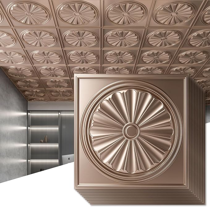 Art3dwallpanels Ceiling Tiles, 24 x 24 Inch, Rose Gold, 12 Pack | Drop Ceiling Tiles, High Grade PVC, 3D Wall Panels for Interior Wall Decor, Fire Rated, Waterproof, Light Weight by Art3dwallpanels