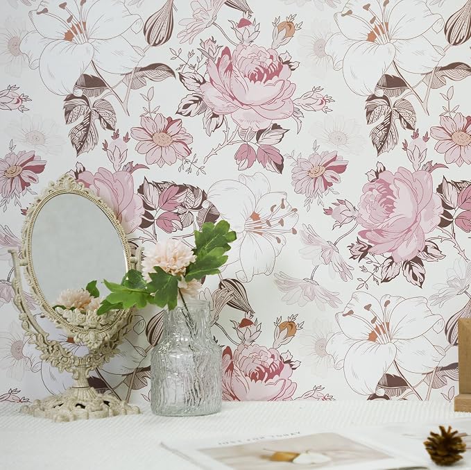 Hopepak 16.1''x394'' Floral Peel and Stick Wallpaper Modern Pink Contact Paper Removable Self Adhesive Wall Paper for Bedroom Bathroom Cabinets Decor Waterproof Vinyl - Image 4