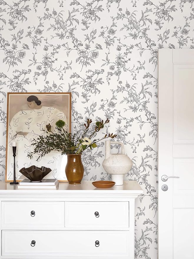 Ismoon Peel and Stick Wallpaper Floral Vintage Stick on Wall Paper Black and White Contact Paper for Cabinet French Textured Removable Self Adhesive Wallpaper Vinyl for Bedroom Wall Deco 17.3 x 196in - Image 9