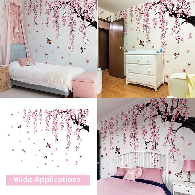 Lilac Wall Decoration 4 Sheets Large Cherry Blossom Tree Wall Stickers | Spring Pink Flower Bird Wall Decals Peel and Stick Wall Murals Decor for Living Room Bedroom (Pink, 11.8 * 35.4inch) - Image 7