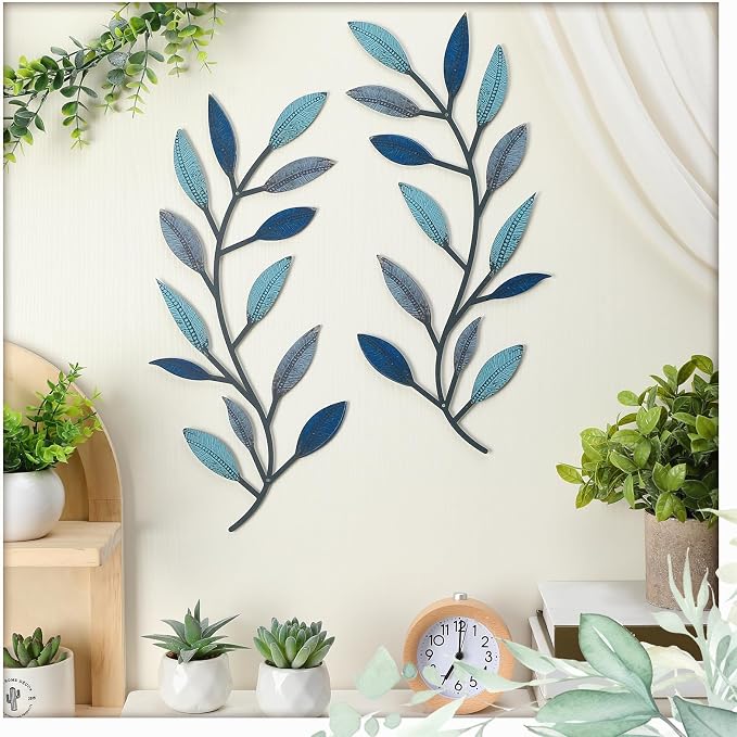 Zhengmy 2 Pcs Metal Leaf Wall Art Vine Branch Decor,Vintage Blue | Olive Branch Metal Decor for Living Room Hallway, Symmetrical Leaf Pair for Doorway Entryway, Lightweight Hanging Art Design - Image 3