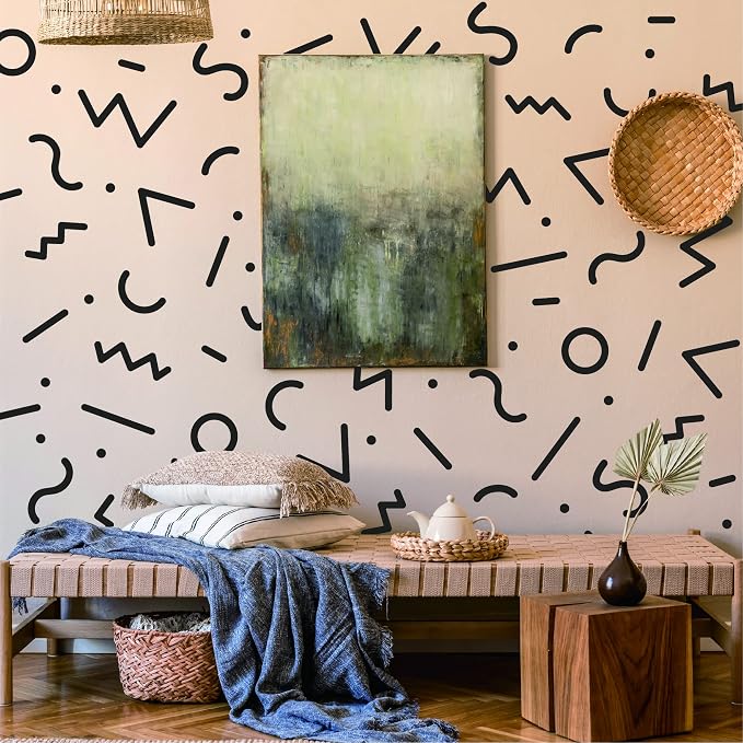 Black Memphis Style Wall Decals, 80s Retro Geometric Wall Décor | Stunning Memphis shapes for a bold 80s accent wall. Peel and stick matte vinyl stickers for home, office, dorm, bathroom. - Image 5