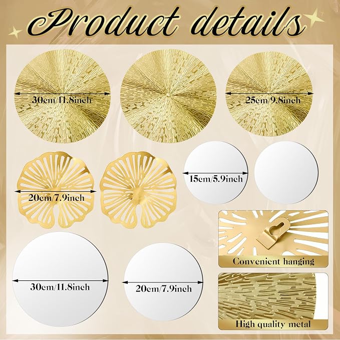 Hicarer 9 Pcs Gold Mirror Wall Decor Round Metal Art Decor Decorative Modern Circle Mirror Wall Art Sculpture Hanging Decorations for Home Living Room Bedroom Office(Gold) - Image 3