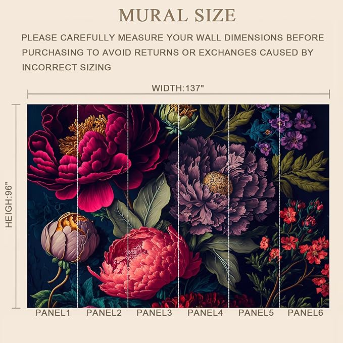 MFWFM Floral Peel and Stick Mural Wallpaper Dark Peony Botanical Wall Mural | 137"x96", for Bedroom Living Room Bathroom, Self Adhesive Canvas - Image 4